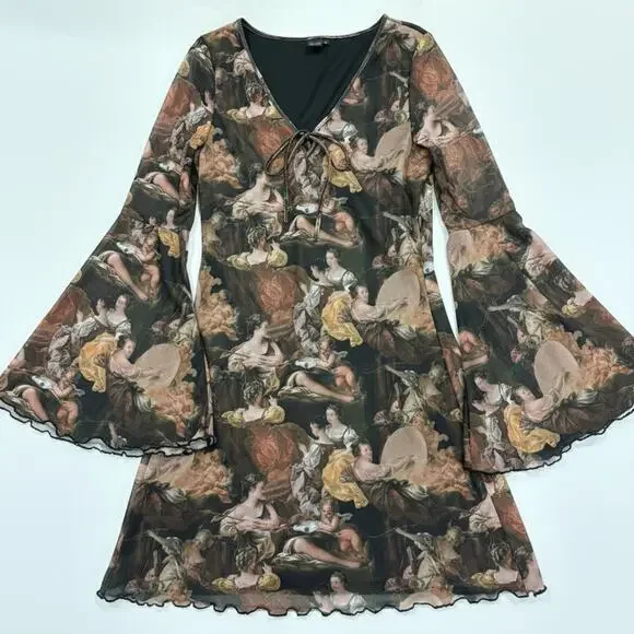 Renaissance Print Mesh Mini Dress Bell Sleeve Whimsigoth Ethereal Art stretchy - Picture 1 of 7